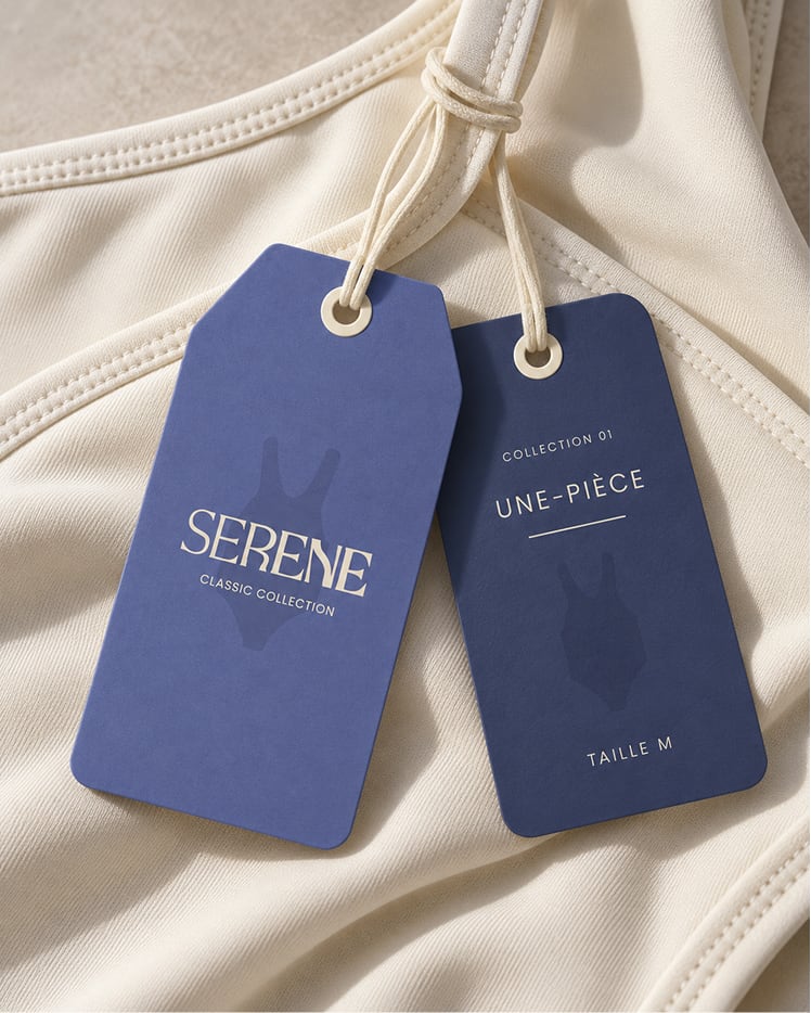 Étiquettes de vêtement Serene posées sur un maillot de bain ivoire