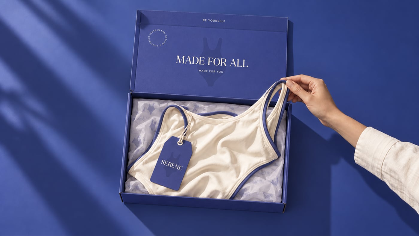 Main sortant un maillot de bain ivoire de sa boîte Serene ouverte
