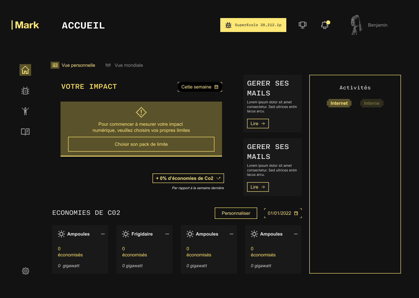 Tableau de bord de l’impact numérique montrant l’option de choisir un pack de limite, l’économie de Co2 en gigawatts pour ampoules et frigidaire, et des sections pour gérer ses mails et activités.