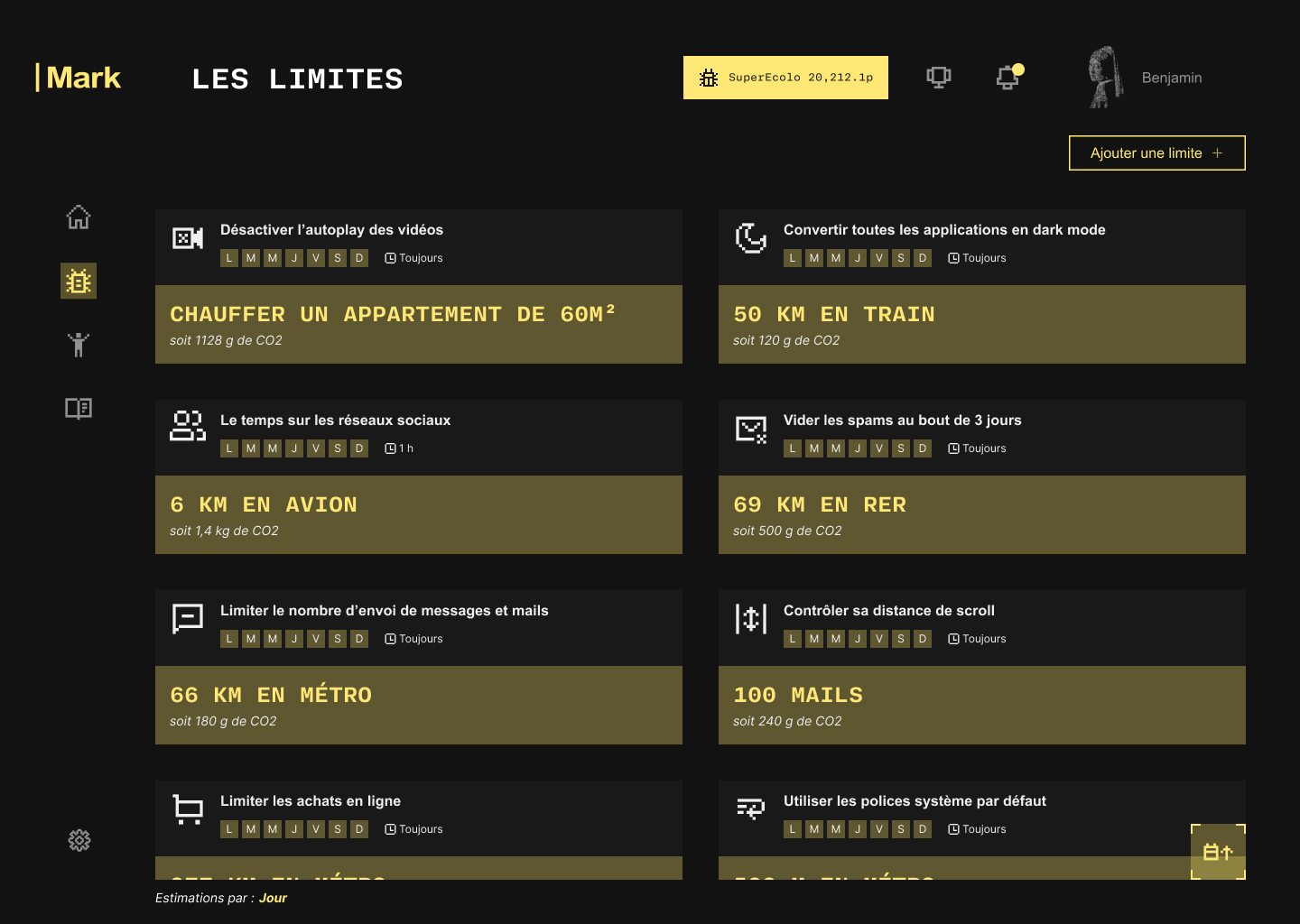 Tableau de limites écologiques avec options comme désactiver l'autoplay vidéos, convertir applications en mode sombre, limiter messages, illustrant économie de CO2 en km ou mails.