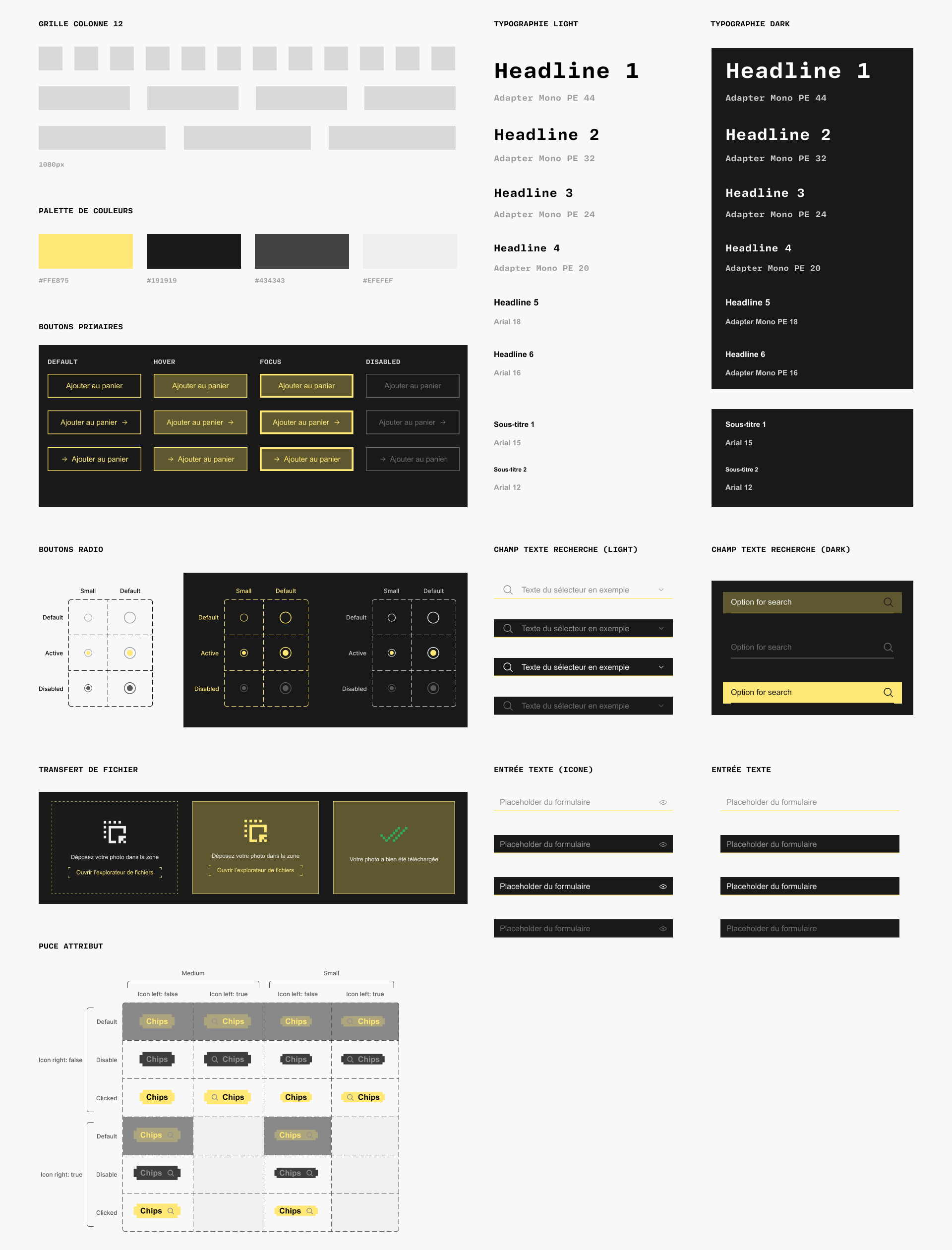 Système de design montrant une grille de 12 colonnes, palette de couleurs, styles de boutons primaires avec états par défaut, survol, focus, désactivé, boutons radio, champs de recherche en mode clair et sombre, transferts de fichiers avec états de téléchargement, entrées texte avec et sans icônes, et divers styles de puces attributs.