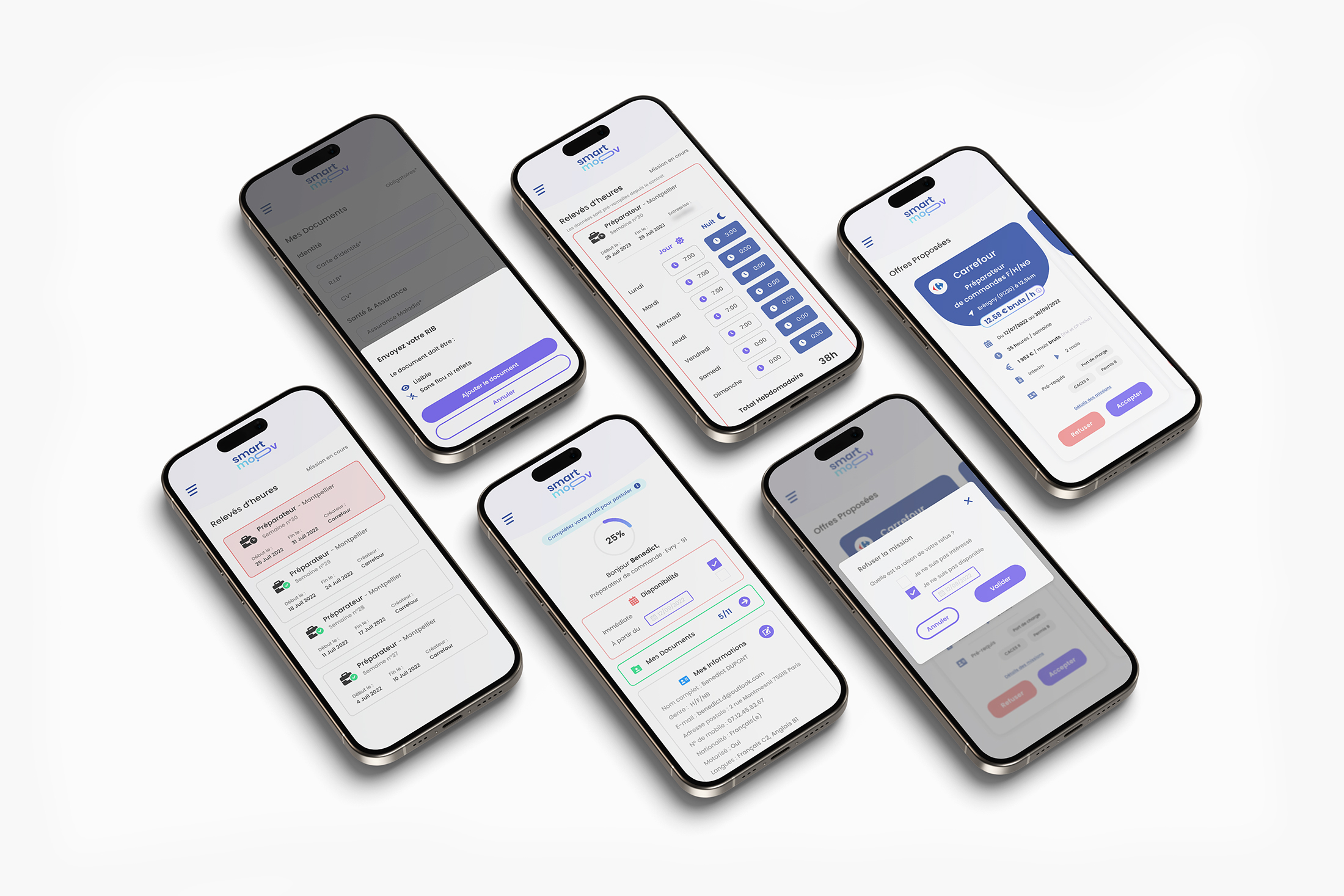 Six smartphones montrant différentes interfaces d'une application mobile de gestion de missions, incluant le suivi des heures, la soumission de documents, les offres de travail, et la gestion des disponibilités.