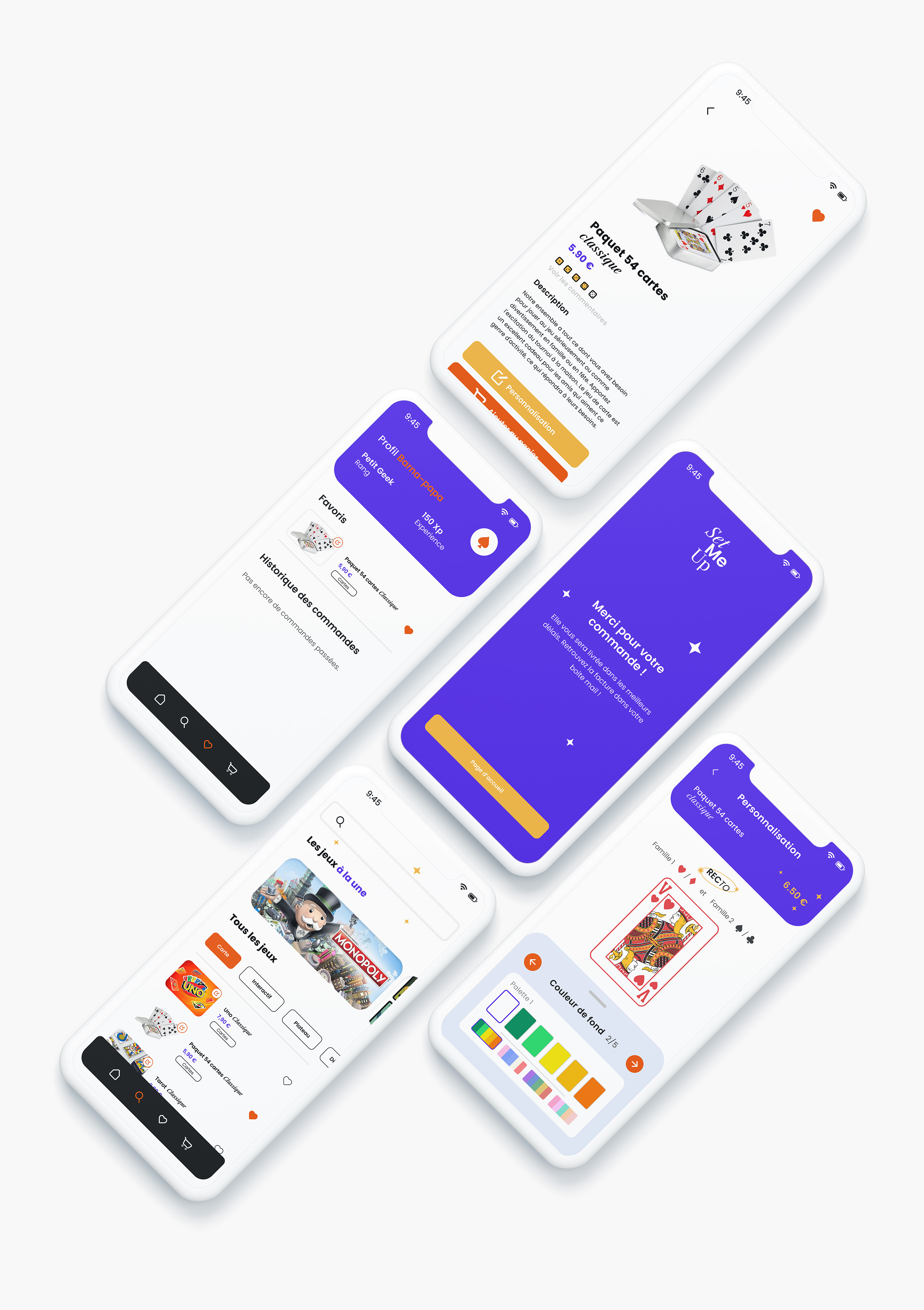 Cinq écrans de smartphone affichant une application de personnalisation et de commande de jeux de cartes et jeux de société, incluant des sections de profil, catalogue, personnalisation de cartes, et confirmation de commande.