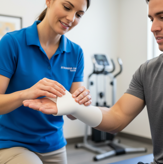 Detailed shot of a therapist meticulously adjusting a custom-molded hand splint on a patient's wrist for optimal support and healing.