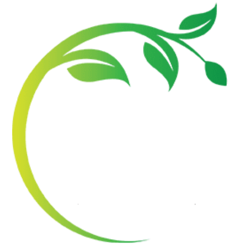 Green circular vine with five leaves extending from the top right curve.