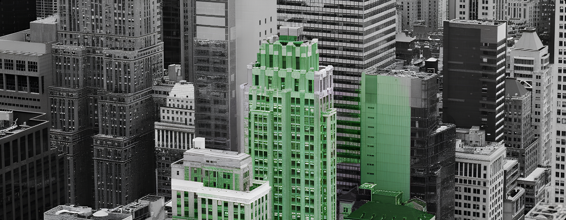 Black and white cityscape with several tall buildings highlighted in green in the center.