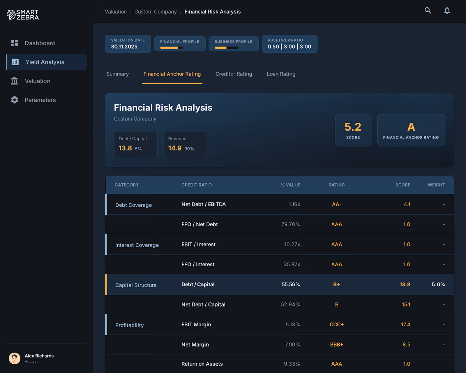 Dashboard screen showing financial risk analysis for a custom company, including debt/capital ratio, revenue, and detailed credit ratio scores for categories like debt coverage and profitability.