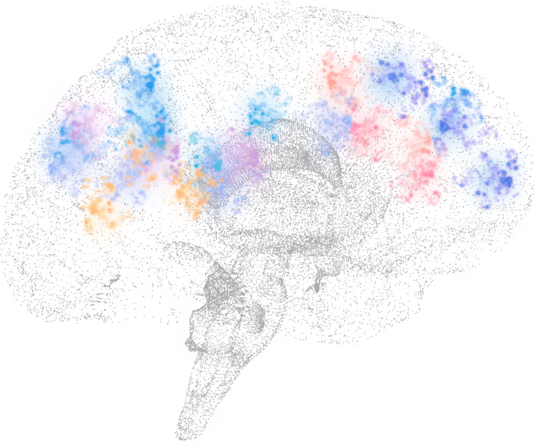 Abstract digital illustration of a human brain formed by colorful pixelated squares in shades of blue, purple, pink, and yellow.