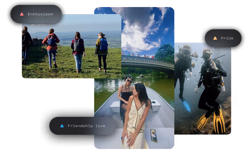 Collage of three images: four hikers walking on a grassy hill, two women sitting in a boat on a river with a bridge overhead, and three scuba divers underwater, labeled enthusiasm, friendship love, and pride respectively.