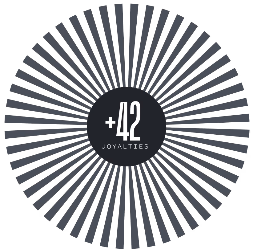 +42 royalties text inside a black circle with radiating grey lines forming a decorative circular pattern.