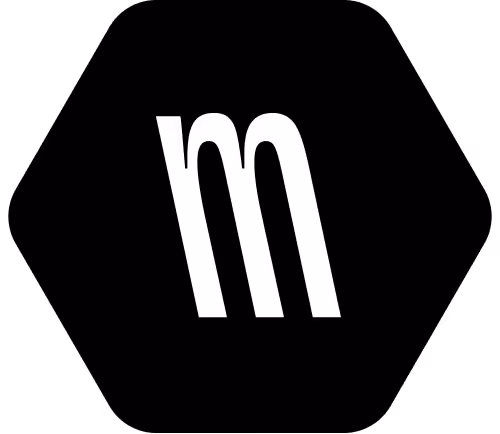 Stylized white letter M on black background.