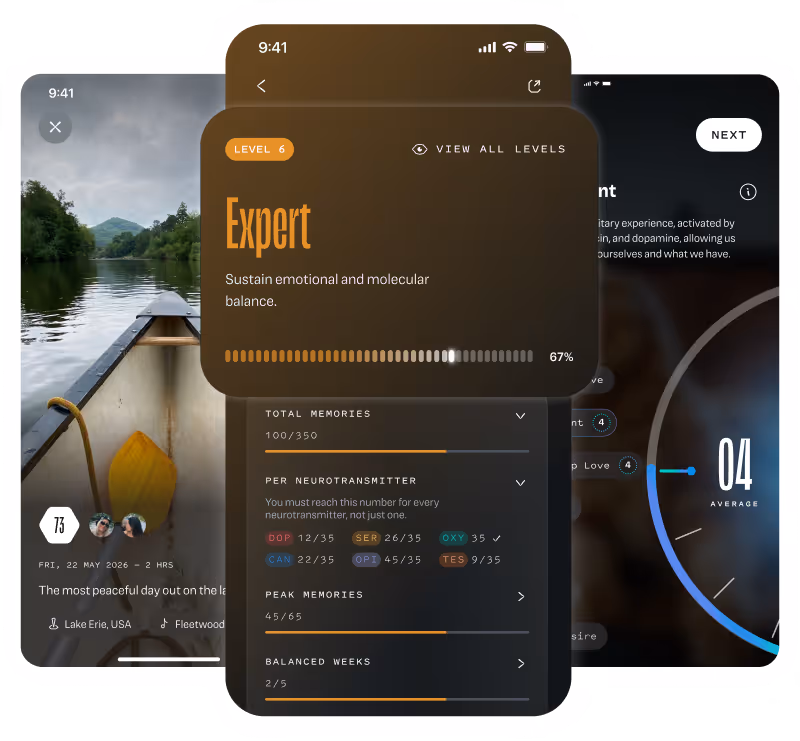 Mobile app screens showing emotional balance tracking, memory stats, and a peaceful lake photo with date and location.