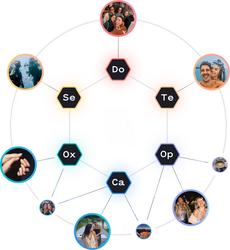 Colorful circular diagram with hexagons labeled Do, Te, Op, Ca, Ox, Se each linked to social photos.