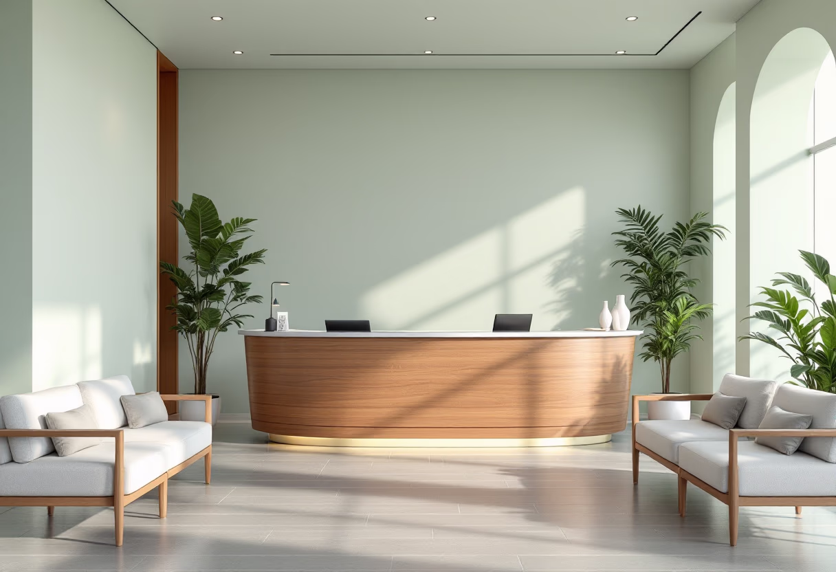 welcoming front desk area (for a wellness center)