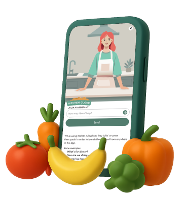 Illustration of a smartphone displaying a virtual kitchen assistant with a woman in an apron, surrounded by various vegetables and a banana.