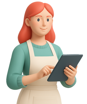Illustration of a woman with red hair wearing a green shirt and beige apron, holding and touching a tablet device.