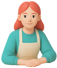 3D illustration of a woman with red hair wearing a teal sweater and beige apron, sitting with folded hands.