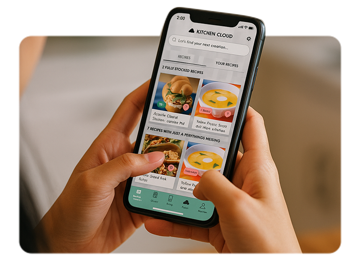 Person holding a smartphone displaying a recipe app called Kitchen Cloud with images of various dishes and search bar.