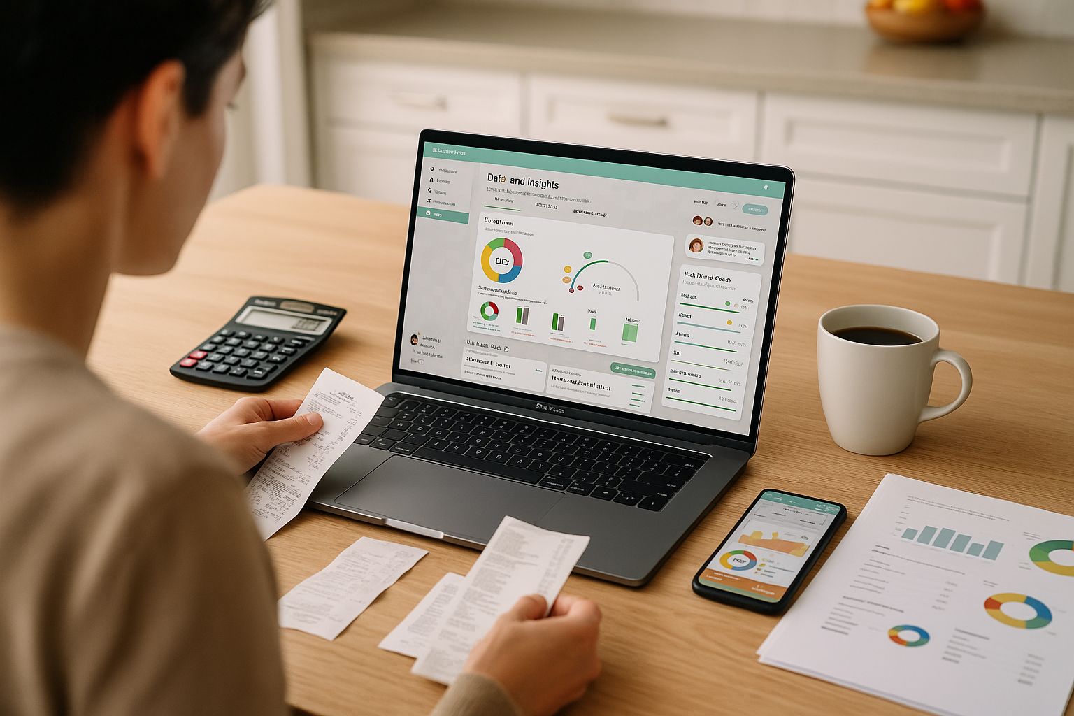 Person reviewing receipts at a wooden table with a laptop displaying financial charts and graphs, a smartphone also showing data, a calculator, printed charts, and a cup of coffee.
