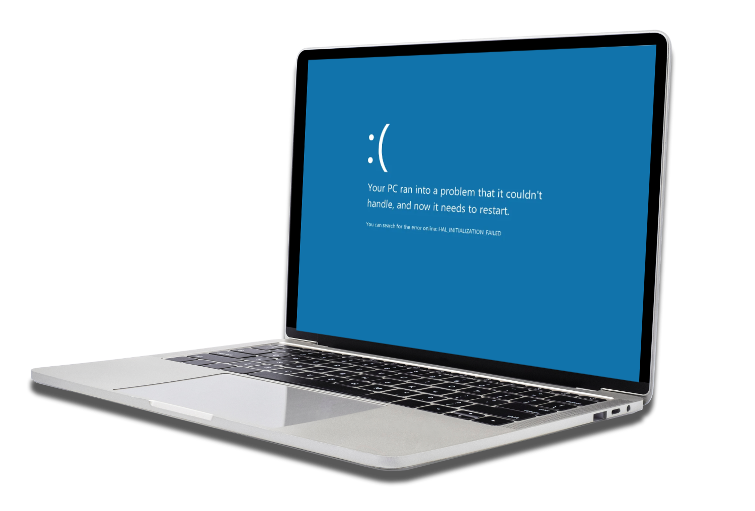 Silver laptop showing a blue screen error with a sad face and message about a problem requiring restart.