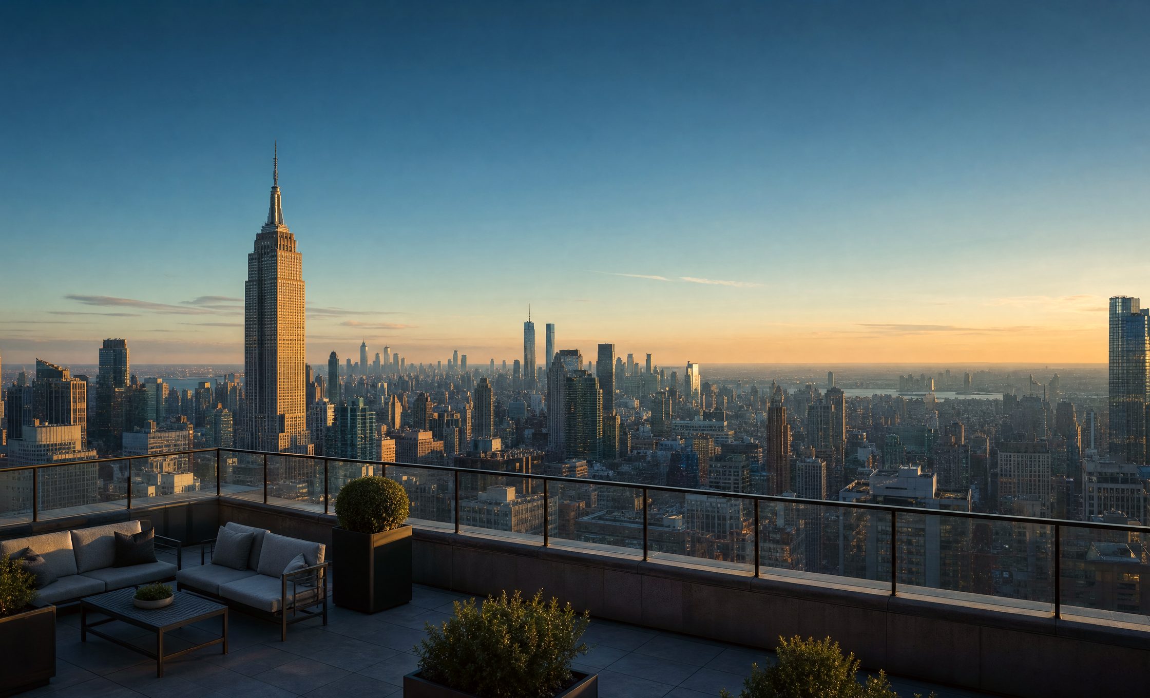 Rooftop terrace above Midtown Manhattan at golden hour, the Empire State Building and the skyline beyond