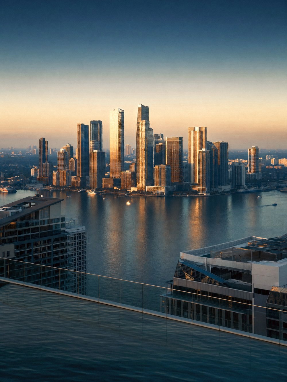 Rooftop view across the Brickell waterfront in Miami at dusk, glass towers above Biscayne Bay