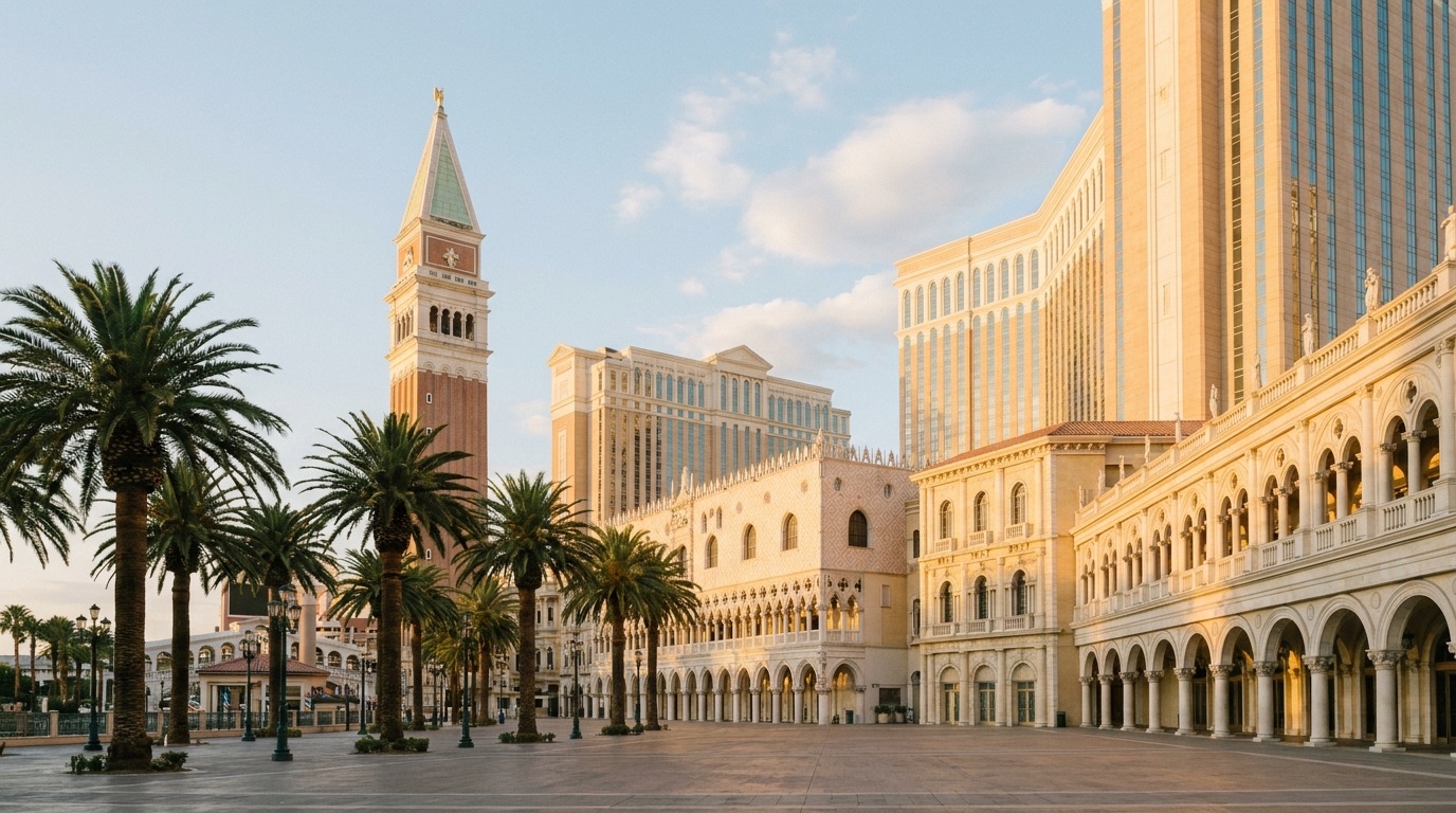 The Venetian Resort in Las Vegas in warm late-afternoon light, palm-lined plaza in the foreground