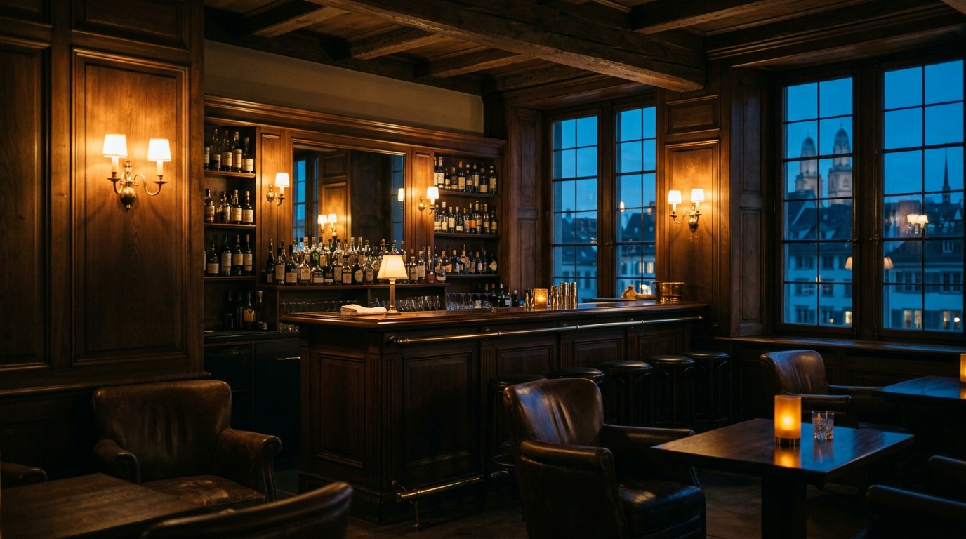 A quiet wood-panelled bar in Zurich's old town at dusk, warm lamps and leather armchairs, the Grossmünster towers in the window
