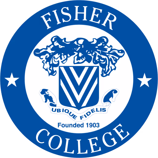 Fisher College circular emblem with blue border, stars, shield, and motto 'UBIQUE FIDELIS'.