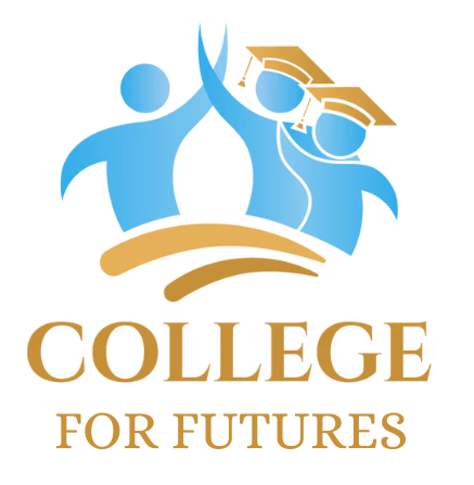 Logo featuring three stylized blue figures high-fiving above a curved shape with the text 'COLLEGE FOR FUTURES' below.