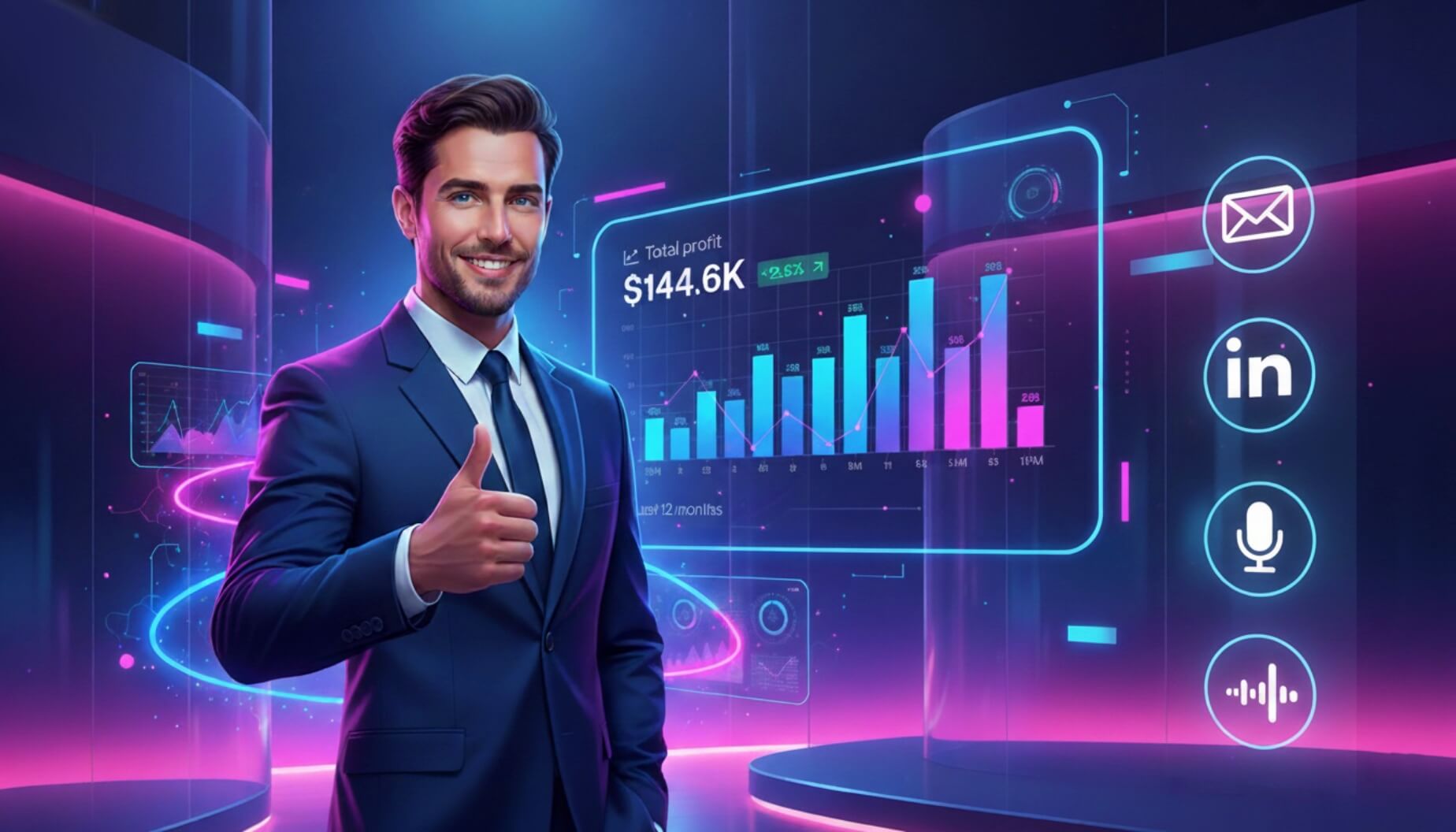 Happy B2B founder smiling showing thumbs up, profit and revenue increase with AI lead generation cold email outreach with Voice AI