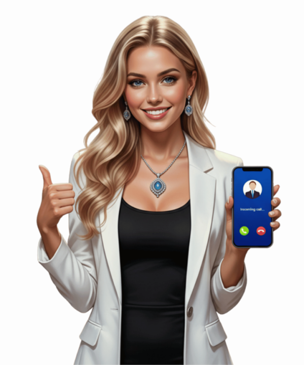 Beautiful woman voice AI agent smiling holding a phone