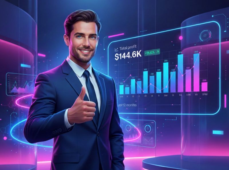 Happy B2B Founder showing thumbs up on revenue chart AI SDR outbound lead gen