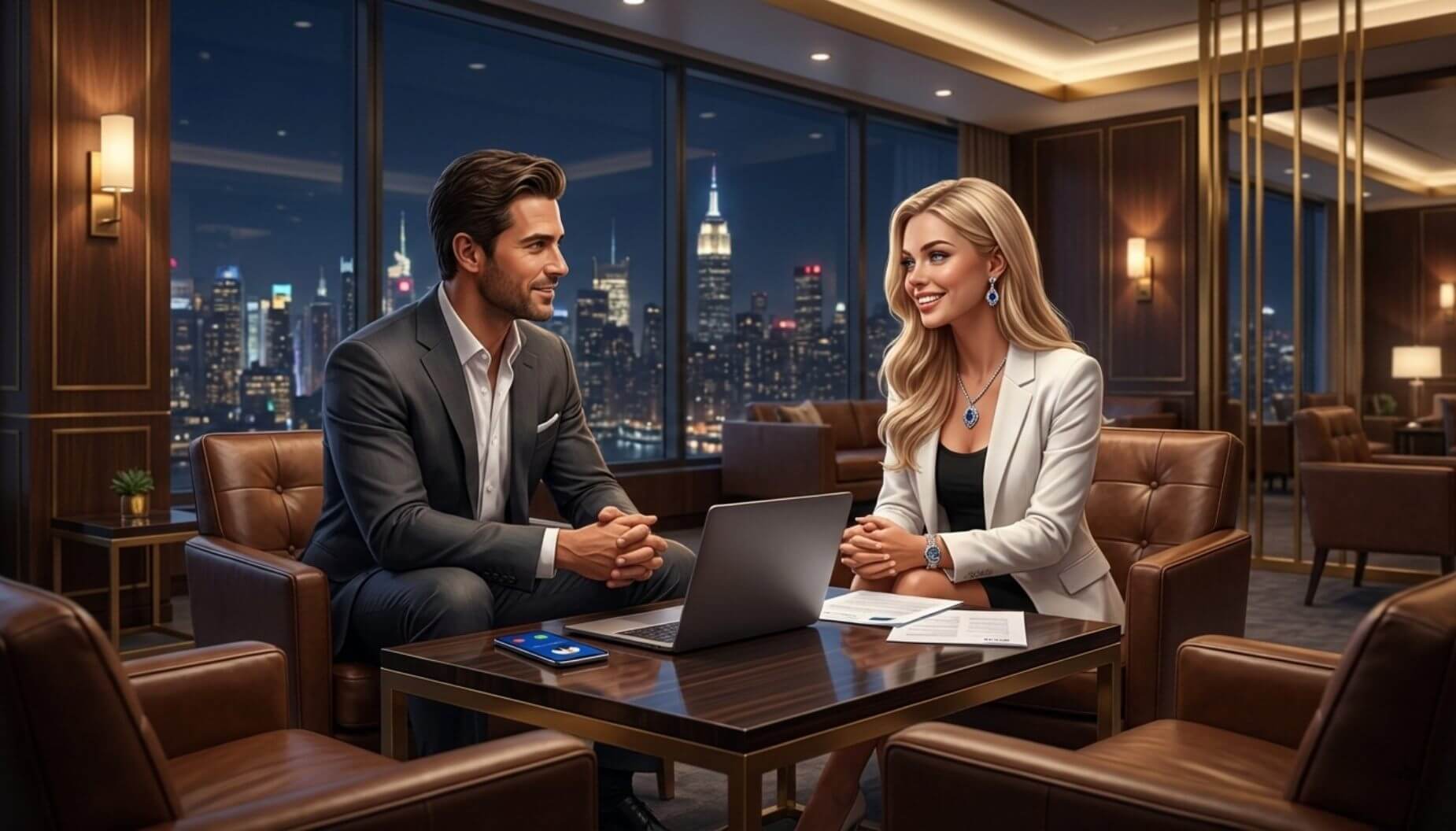 Post-exit SaaS founder consulting with UHNW senior wealth advisor on wealth management strategies