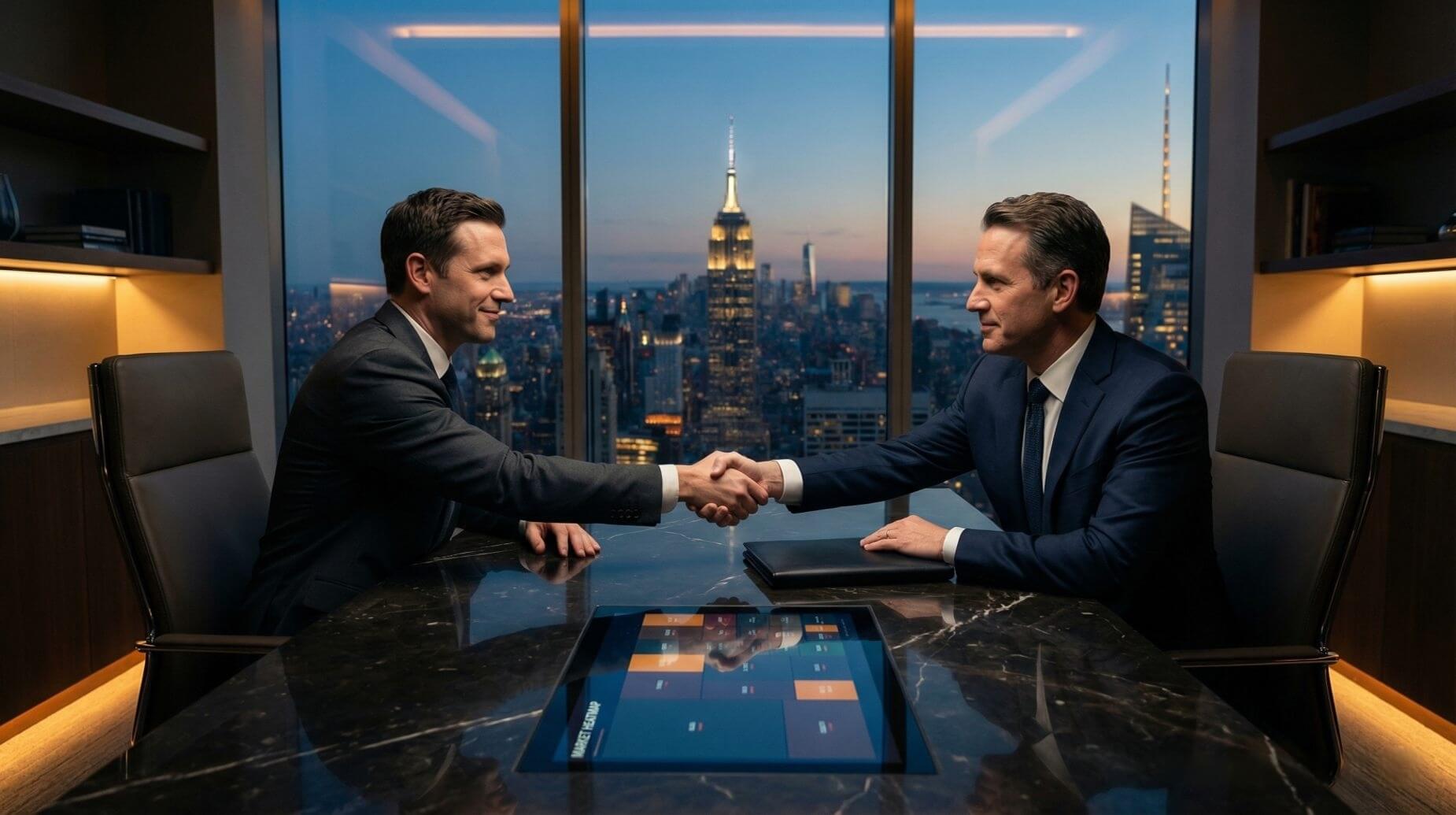 M&A and Global 2000 executives in a strategic partnership discussion reviewing growth opportunities