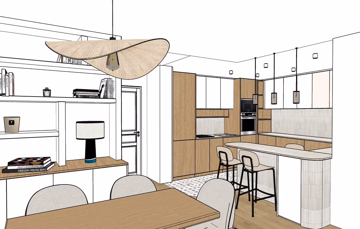 Modern kitchen and dining area with wooden cabinets, white countertops, bar stools, pendant lights, and a dining table with chairs.