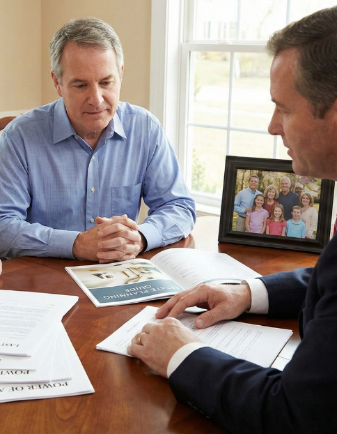 A middle-aged couple consults with a professional reviewing estate planning documents at a wooden table with a family photo in the background.