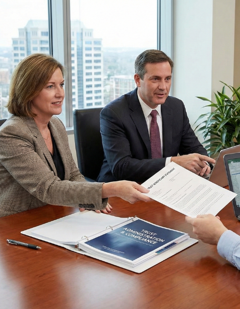 Two business professionals sharing a document during a meeting in an office with cityscape view.