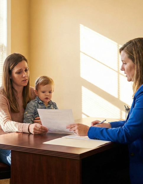 Woman holding a young child sits across a desk from a female professional in a blue blazer reviewing a document together in an office with sunlight through a window.
