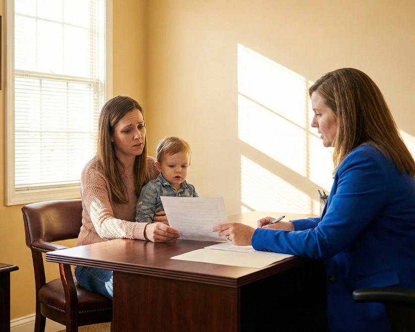 Mother holding a young child while discussing a document with a woman in a blue blazer at an office desk.
