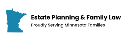 Blue silhouette of Minnesota state beside text Estate Planning & Family Law, Proudly Serving Minnesota Families.
