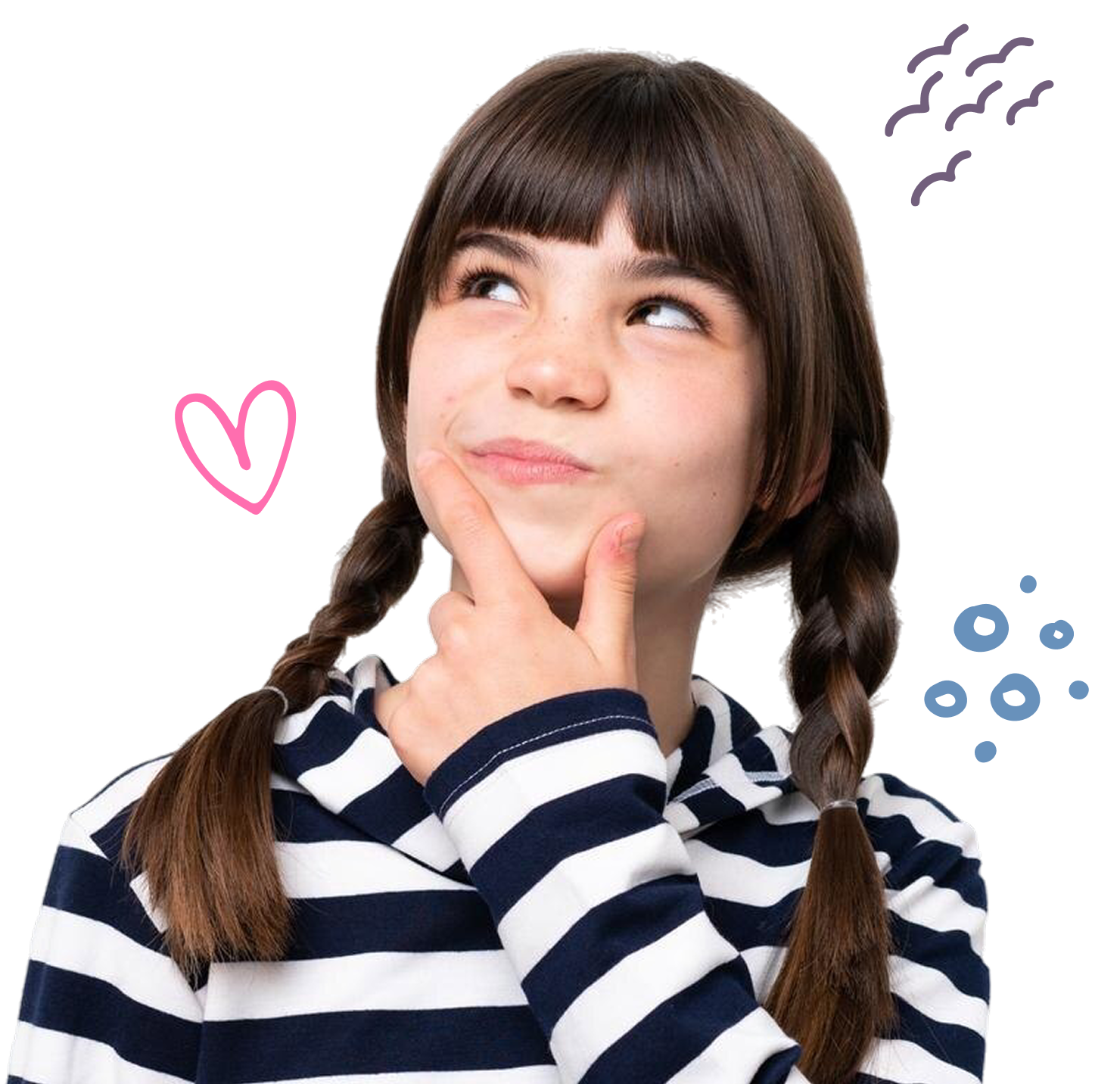 Girl with brown braided hair and striped hoodie looking up thoughtfully with hand on chin, surrounded by doodles.