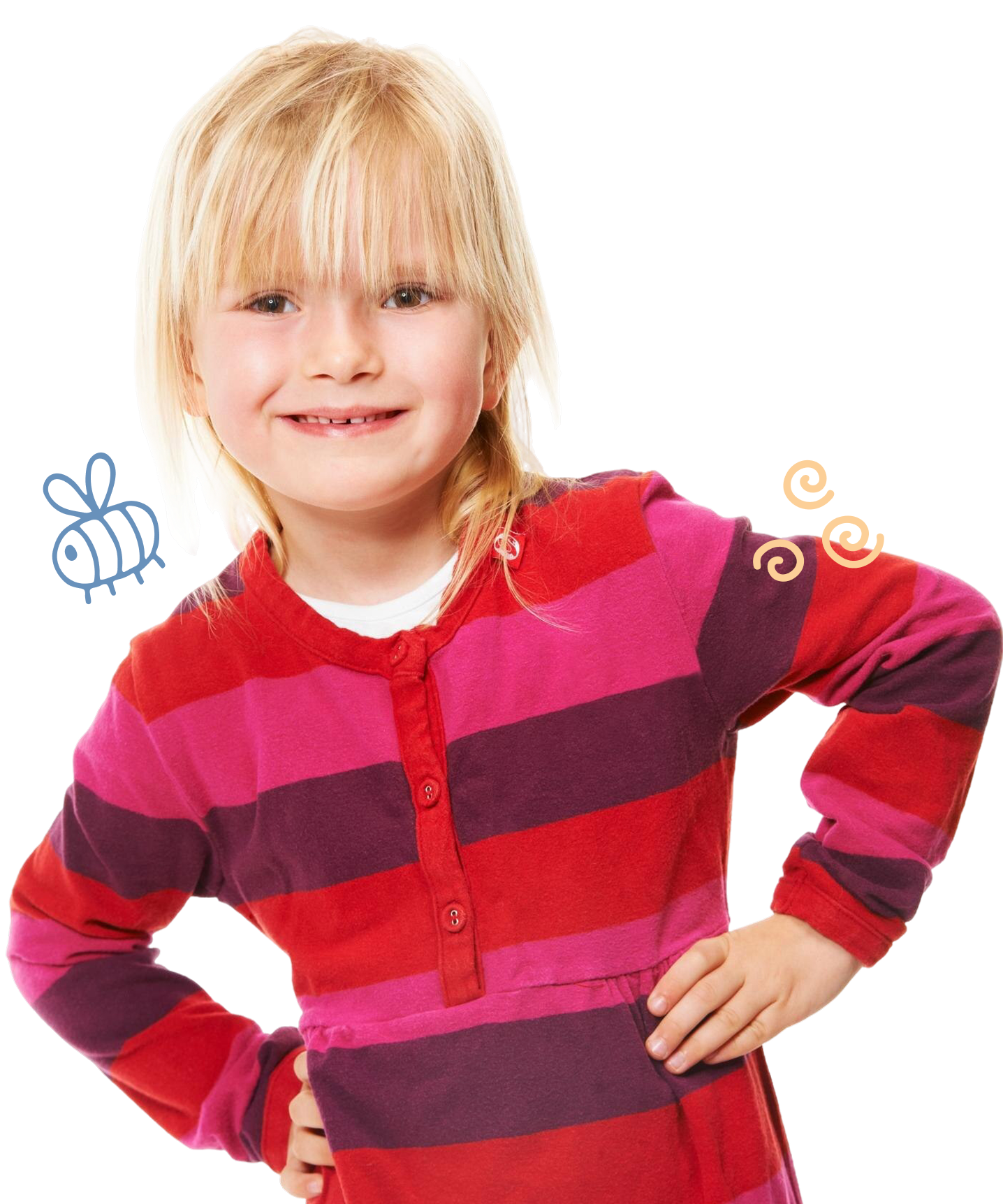 Smiling blonde girl with bangs wearing a red and purple striped long-sleeve shirt with hands on hips, with small doodles of a bee and swirls nearby.