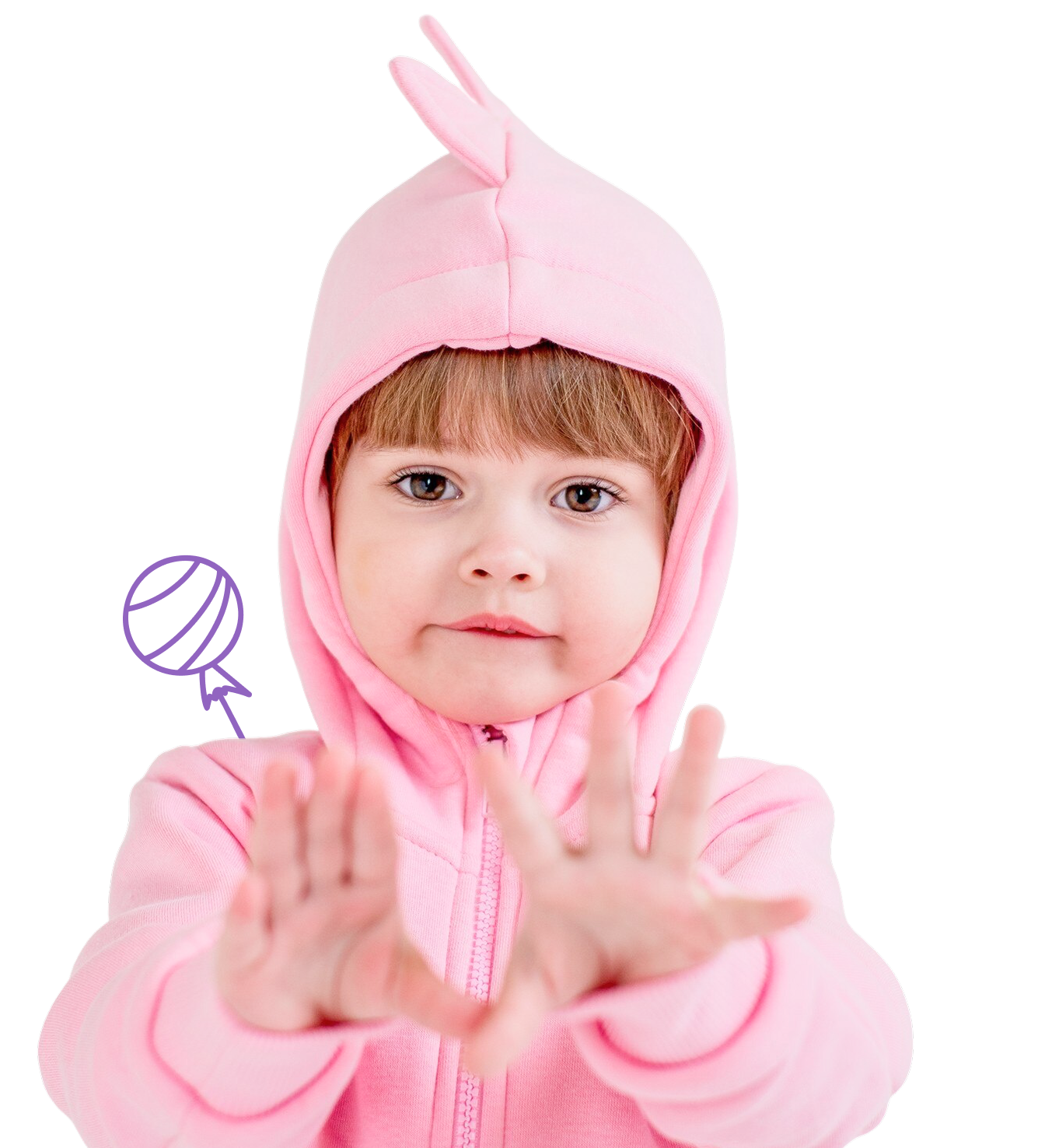 Toddler wearing a pink hoodie with a small tuft on the hood, holding hands forward towards the camera.