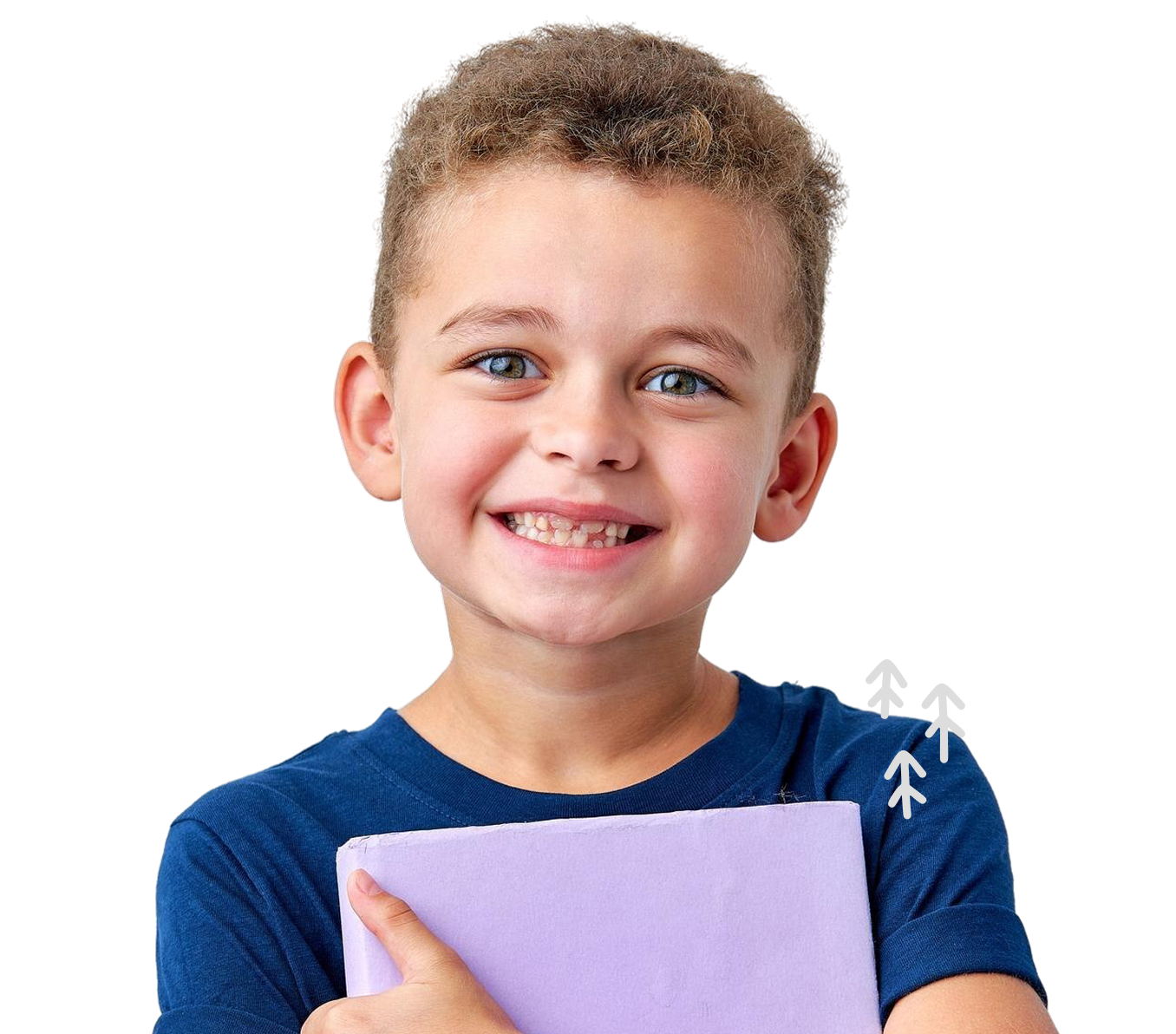 Smiling young boy with curly hair holding a purple book against a black background with white doodles of a butterfly and trees.