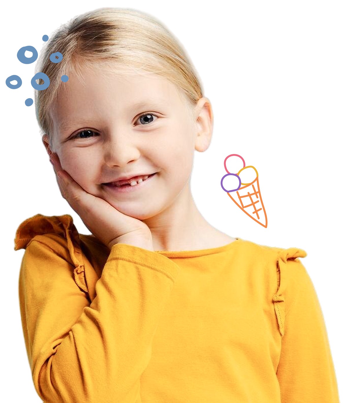 Smiling young girl with blonde hair wearing a yellow long-sleeve top, resting her face on her hand with doodles of bubbles and an ice cream cone nearby.