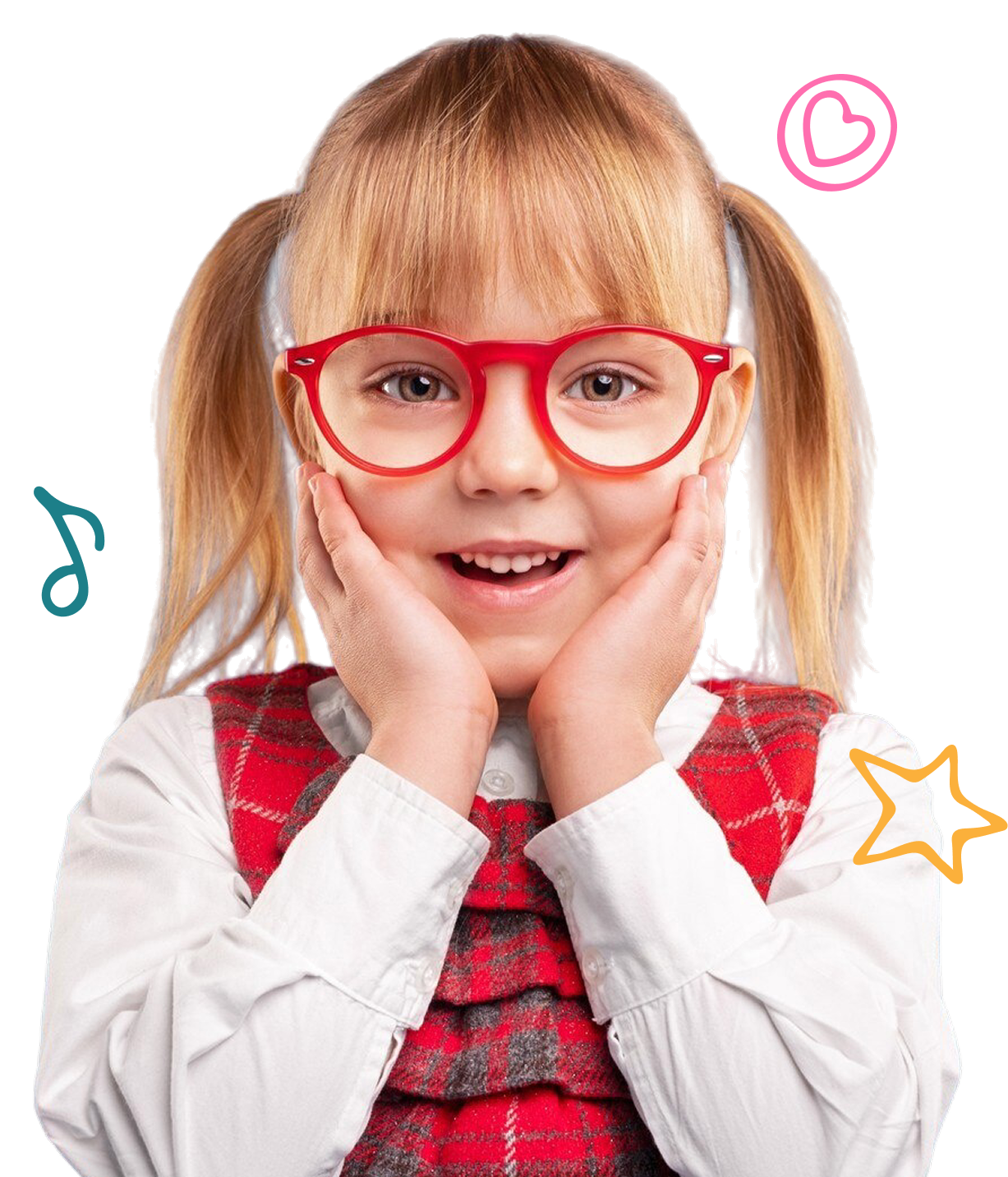 Smiling young girl with red glasses and pigtails wearing a red plaid dress and white shirt, holding her face with both hands.