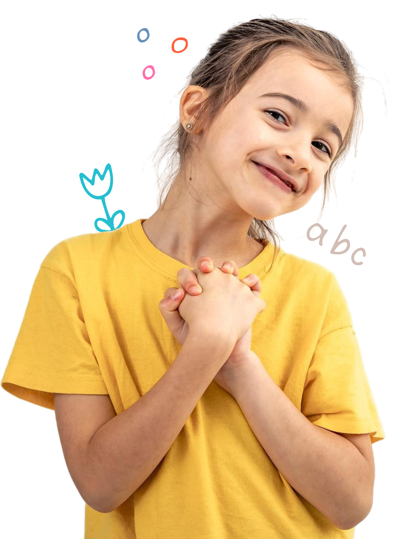 Smiling girl in a yellow shirt with clasped hands, surrounded by colorful doodles including a flower, circles, and 'abc' letters.