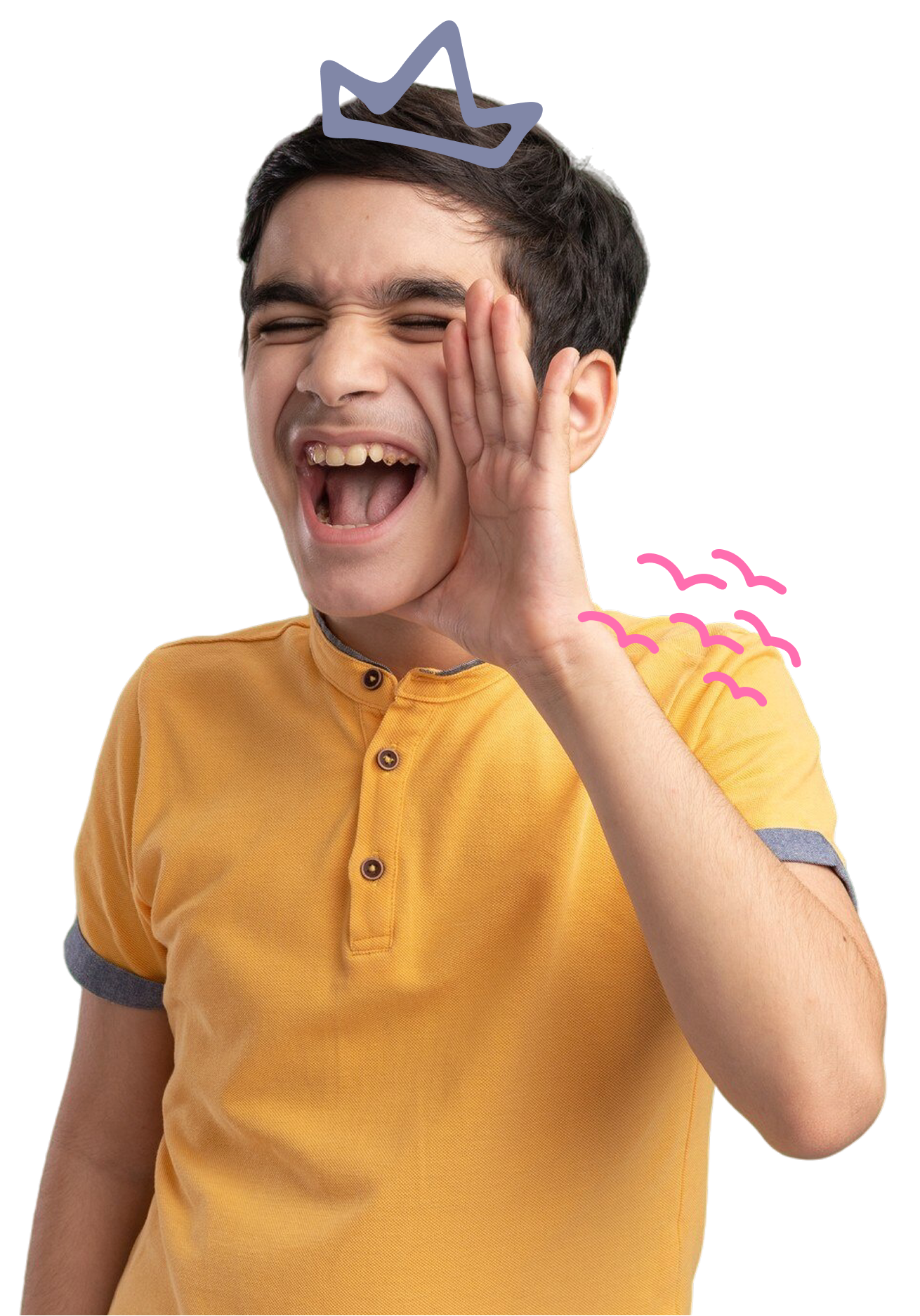 Teenage boy in a yellow shirt shouting with hand cupped near mouth and a drawn purple crown above his head.
