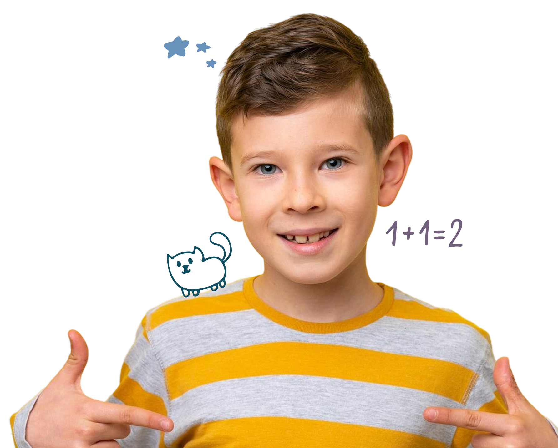 Smiling young boy in yellow and gray striped shirt pointing to himself with doodles of stars, a cat, and 1+1=2 around him.
